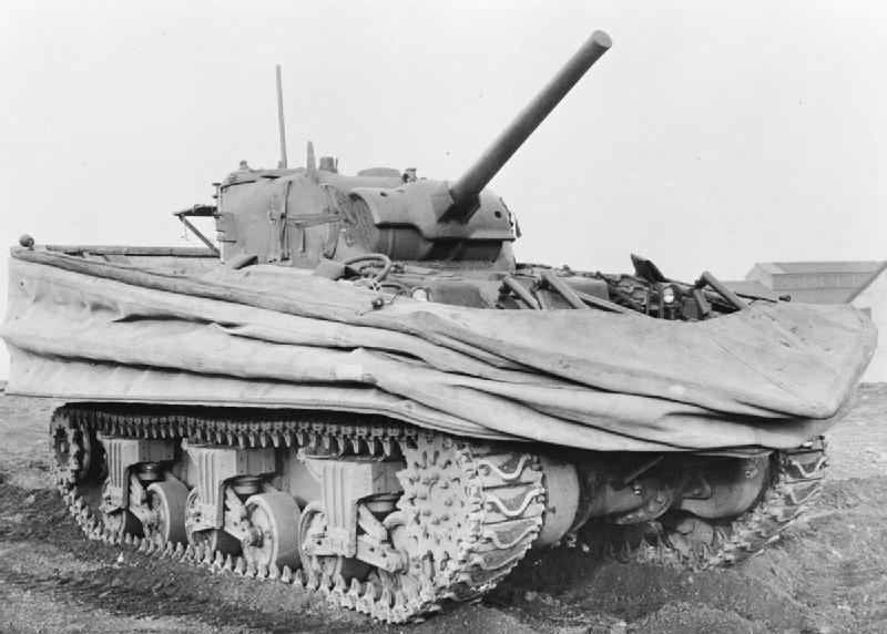 Duplex-drive Sherman with canvas screens lowered.